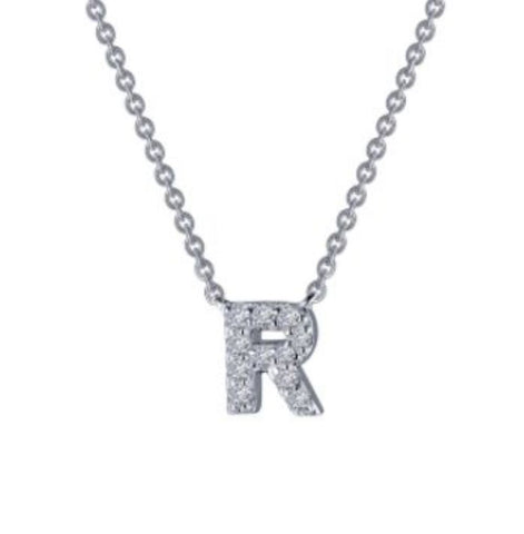 Sterling Silver Platinum Overlay Block Letter "R" CZ Necklace
