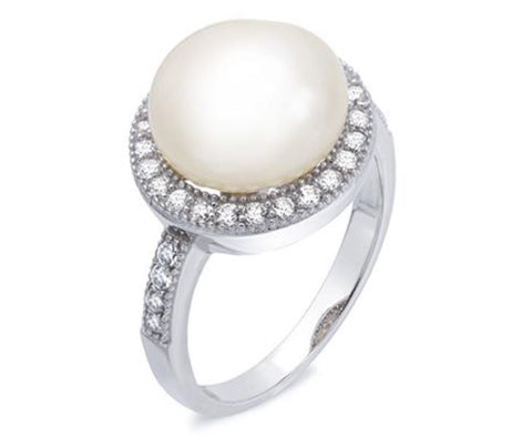 Sterling Silver 14K White Gold Overlay Pearl CZ Halo Ring