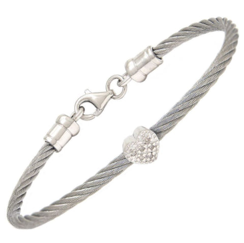Childrens - Steel Cable White Gold Overlay Heart with Diamonds Bracelet