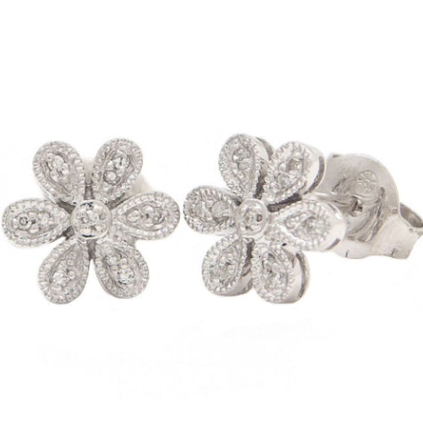 14K White Gold Flower Diamond Earrings
