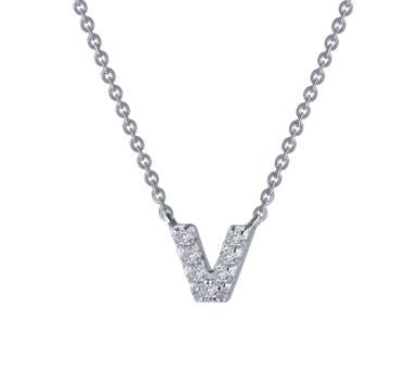 Sterling Silver Platinum Overlay Block Letter "V" CZ Necklace