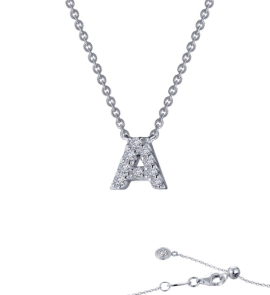 Sterling Silver Platinum Overlay Block Letter "A" CZ Necklace