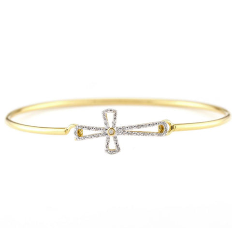 Sterling Silver Yellow Gold Overlay Cross Diamond Bangle Bracelet