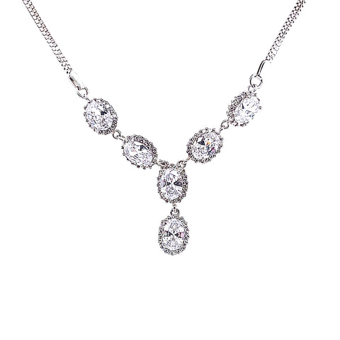 Sterling Silver 14K White Gold overlay Oval CZ with Halo Y Necklace
