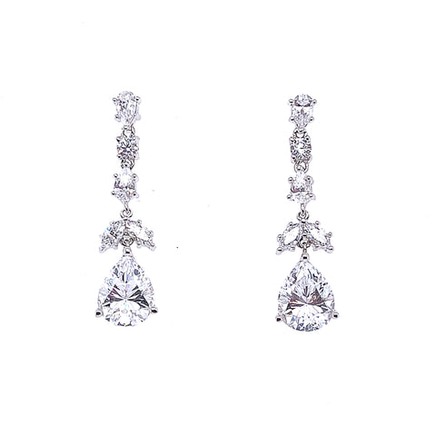 Sterling Silver Platinum Plated Long Line CZ Pear Drop Earrings