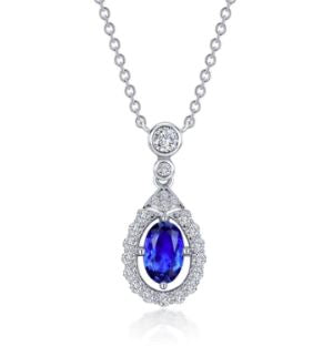 Sterling Silver Platinum Plated Teardrop Lab Blue Sapphire Necklace