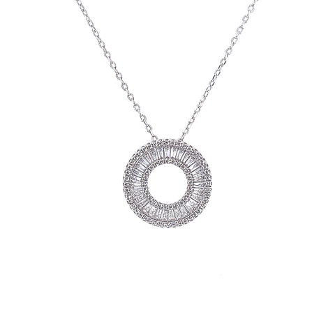 Sterling Silver 14K White Gold overlay Circle Baguette CZ Necklace
