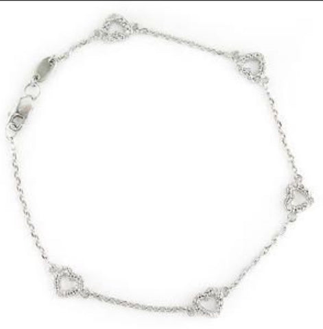 Sterling Silver 14K White Gold Overlay Chain with 5 Open Heart Stations with Diamonds Bracelet