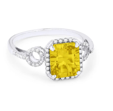 14K White Gold Citrine with Halo Diamonds Ring