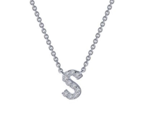 Sterling Silver Platinum Overlay Block Letter "S" CZ Necklace