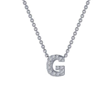 Sterling Silver Platinum Overlay Block Letter "G" CZ Necklace