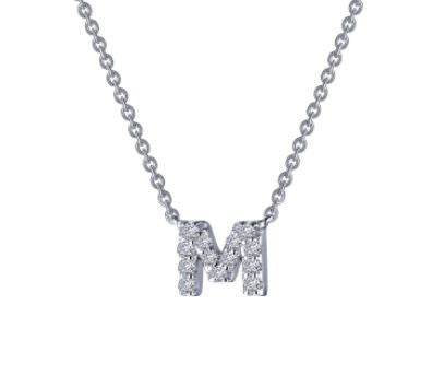 Sterling Silver Platinum Overlay Block Letter "M" CZ Necklace