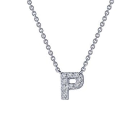 Sterling Silver Platinum Overlay Block Letter "P" CZ Necklace